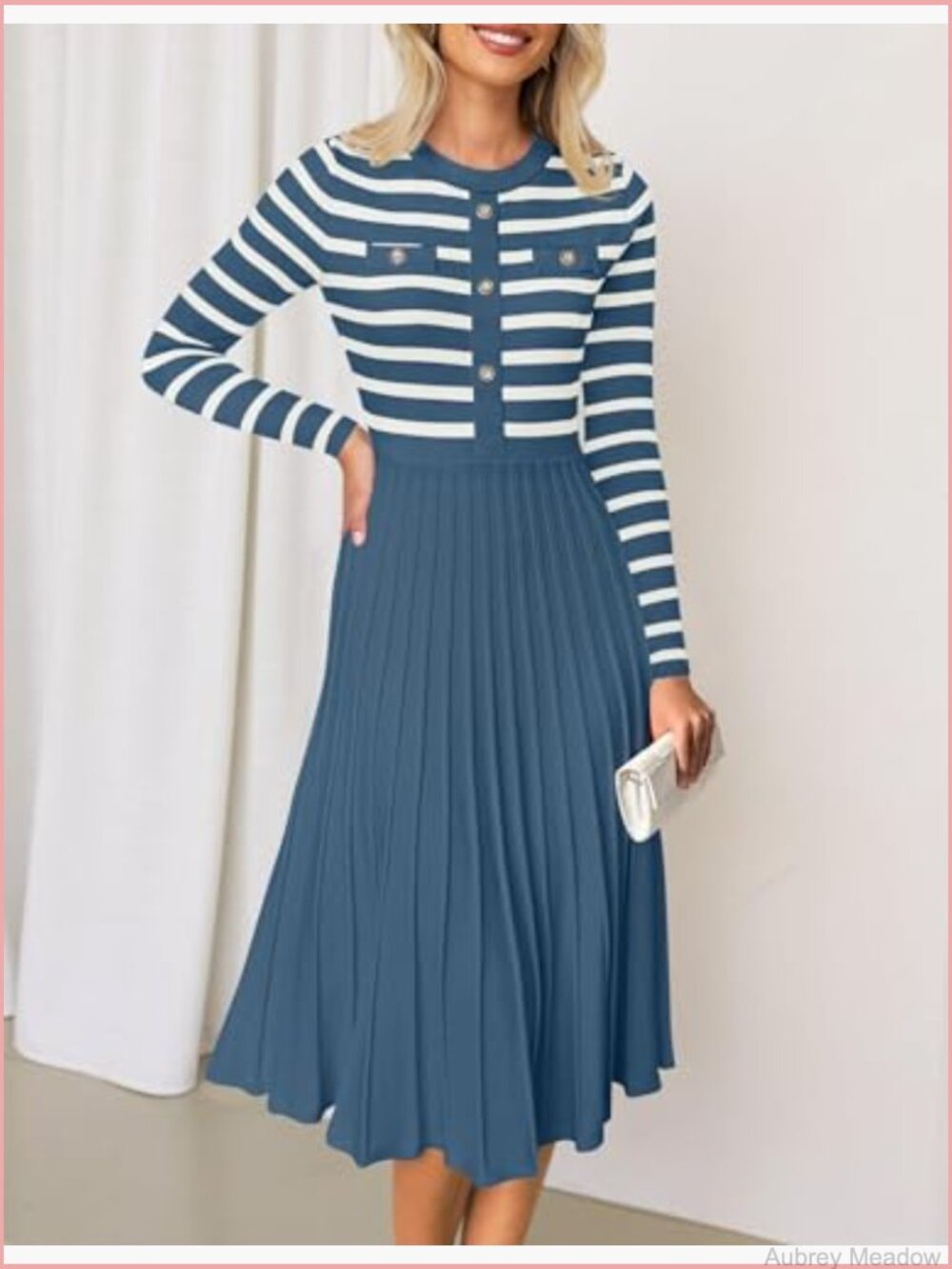 Long Sleeve Striped Knit Pleated A-Line Swing Midi Dress - Picture 2 of 7